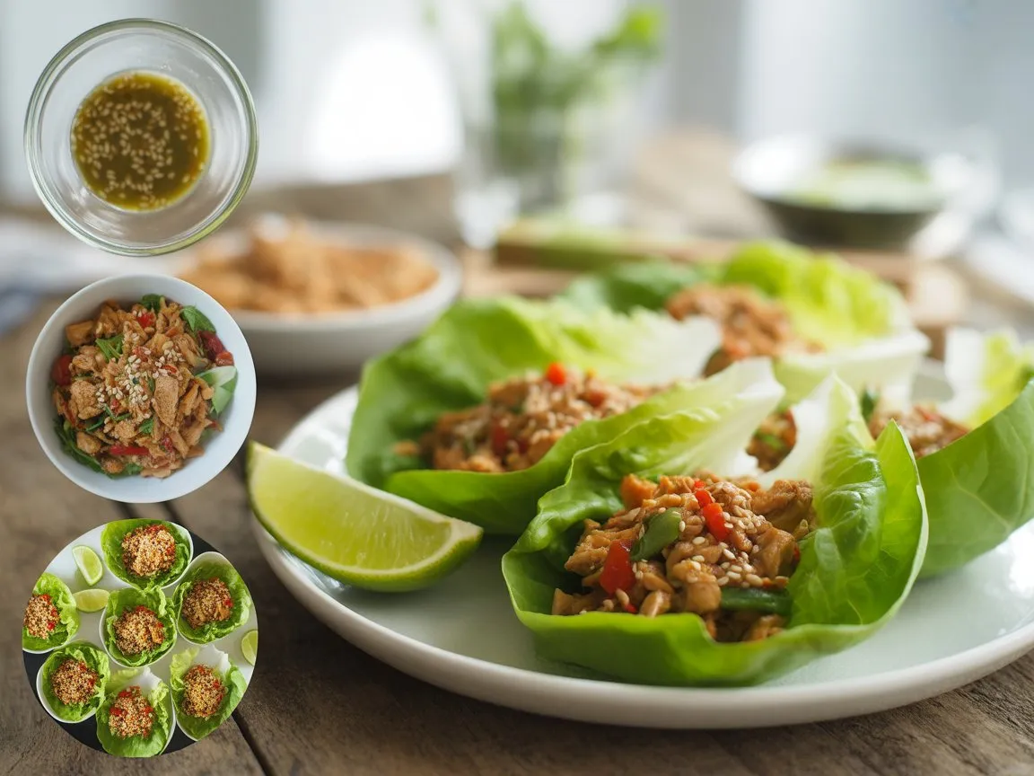 Step-by-step process of making Crunchy Asian Lettuce Cups from mixing the filling to assembling in lettuce leaves.