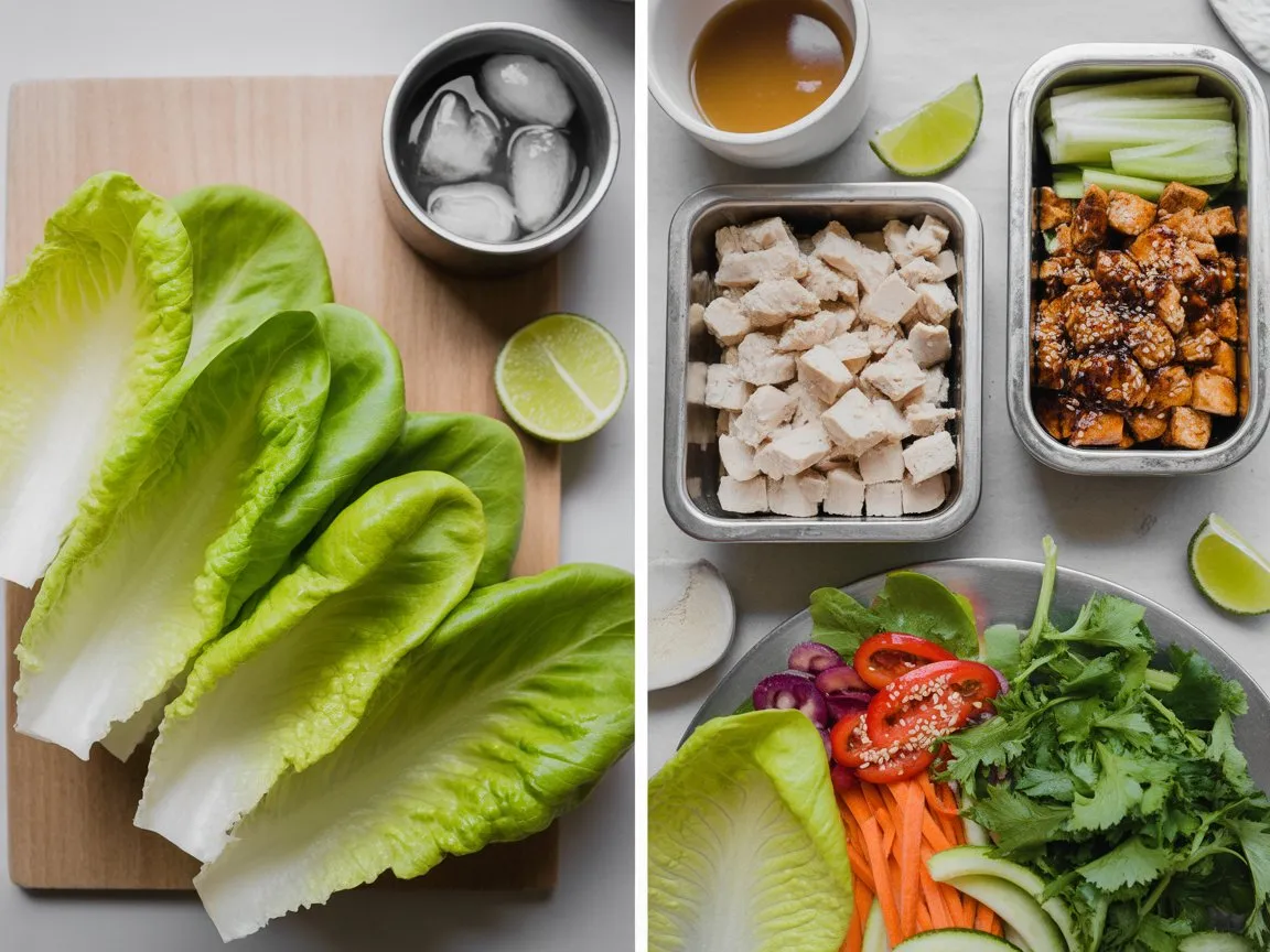 Perfectly arranged Crunchy Asian Lettuce Cups with prep bowls, sauce on the side, and fresh lettuce tips for keeping them crisp.