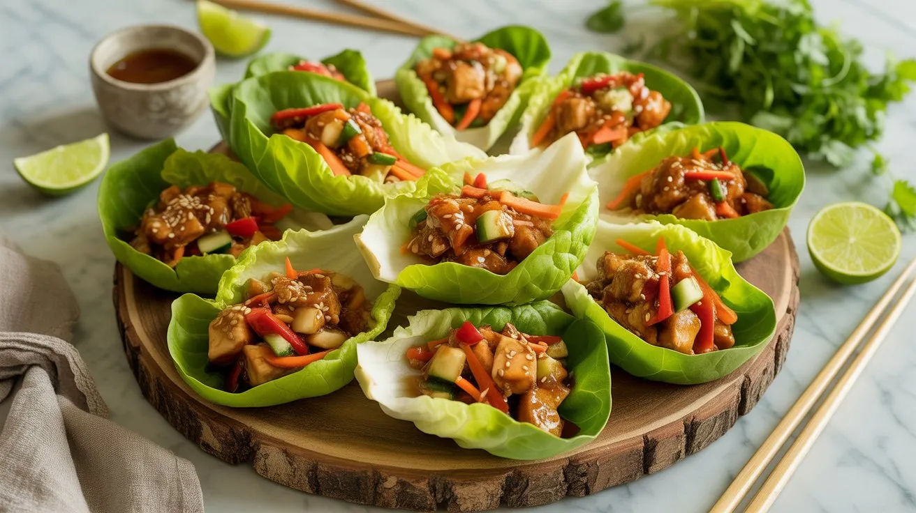 Gourmet-style Crunchy Asian Lettuce Cups with chicken or tofu, fresh veggies, and sesame-ginger sauce on a rustic platter with lime wedges.
