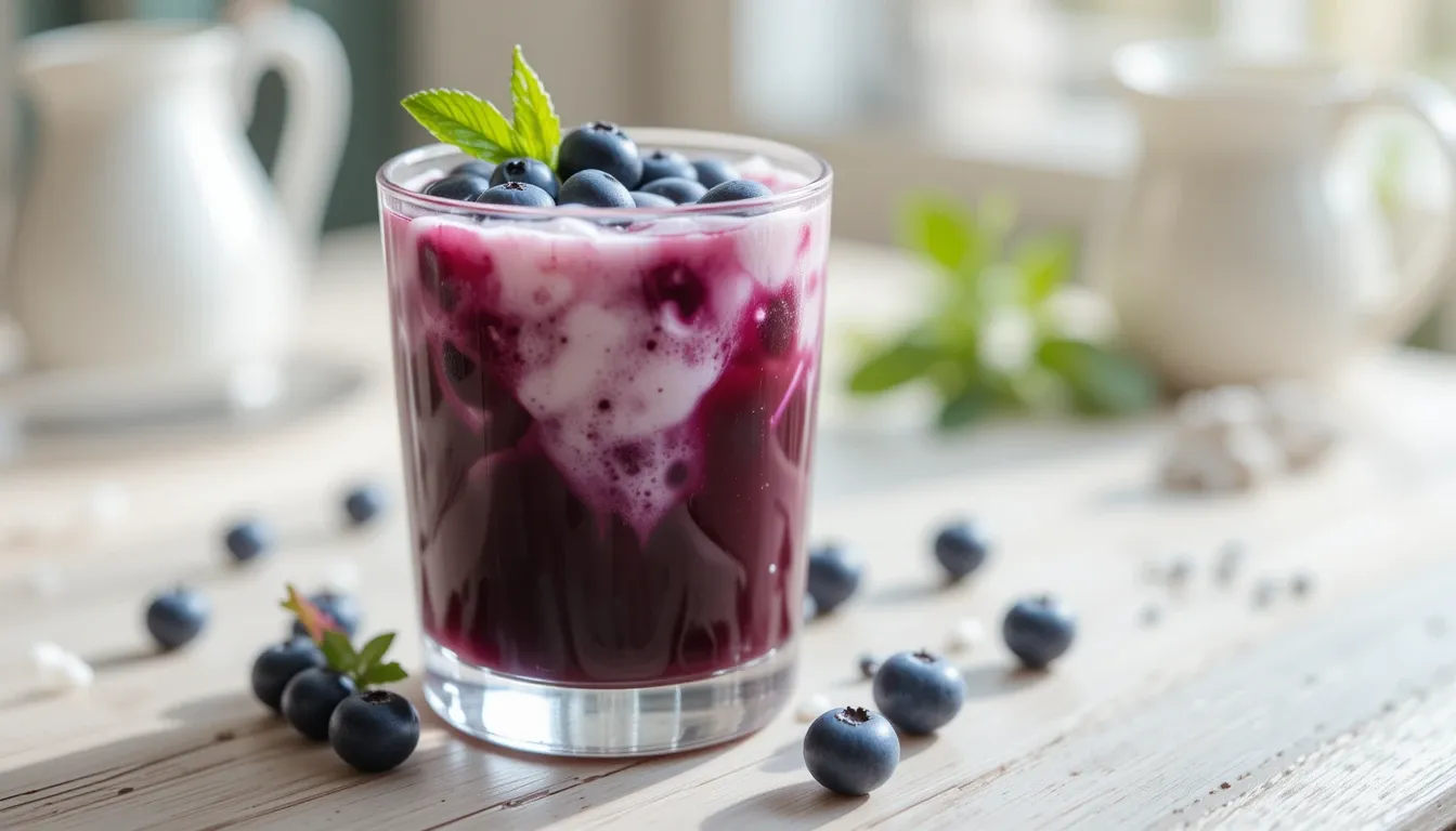 Iced blueberry latte layered with blueberry syrup, milk, and espresso, garnished with blueberries and mint.