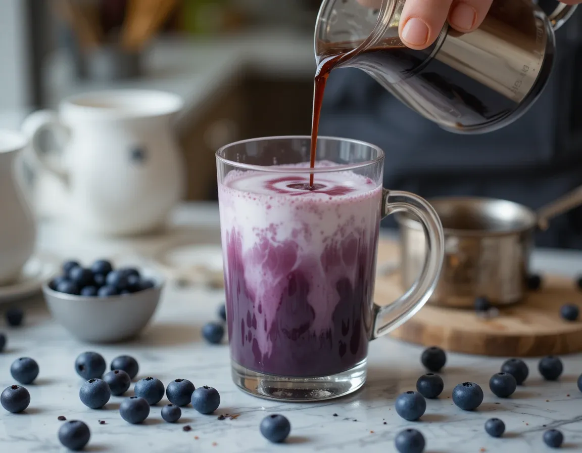 Blueberry syrup, milk, and espresso being layered to make a blueberry latte in a clear glass.