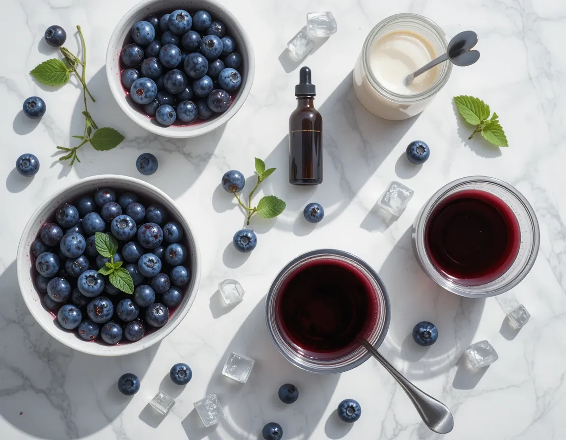 Key ingredients for a blueberry latte including blueberries, syrup, milk, espresso, vanilla, and ice arranged on a white marble surface.