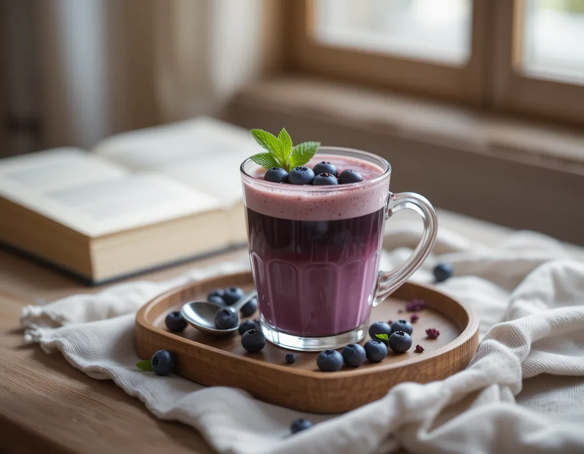 A finished blueberry latte on a tray with fresh blueberries, mint, and soft natural light.