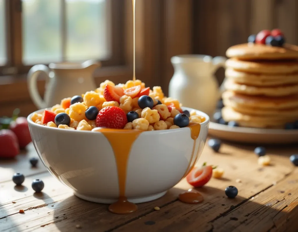 Mini Pancake Cereal served with maple syrup and fresh berries on a wooden table.