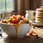 Mini Pancake Cereal served with maple syrup and fresh berries on a wooden table.