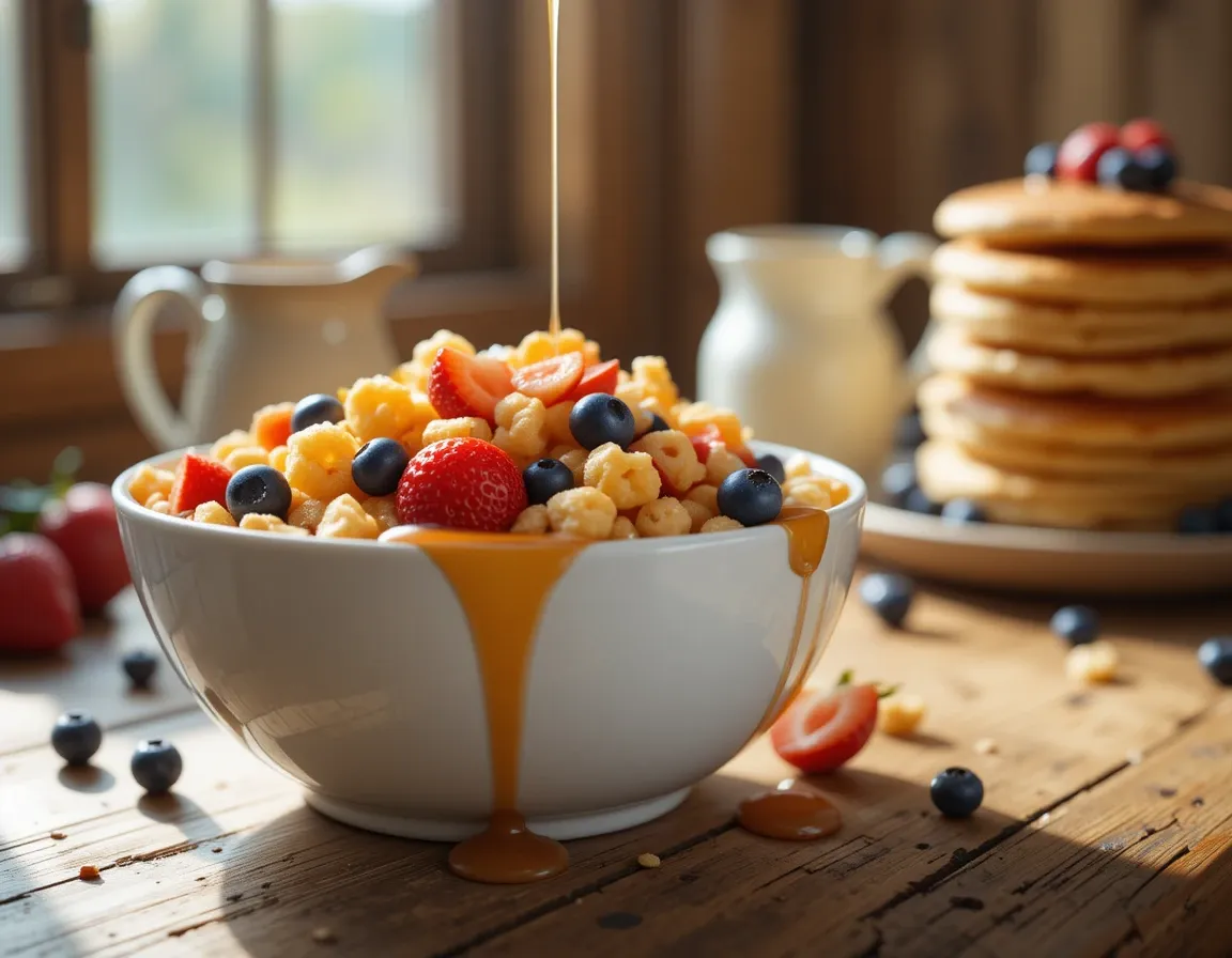 Mini Pancake Cereal served with maple syrup and fresh berries on a wooden table.