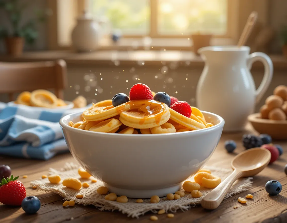 Mini Pancake Cereal in a white bowl with syrup and berries on a rustic table.