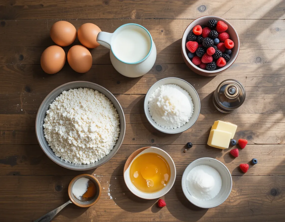 Key ingredients for Mini Pancake Cereal displayed on a rustic wooden table with milk, flour, eggs, and butter.