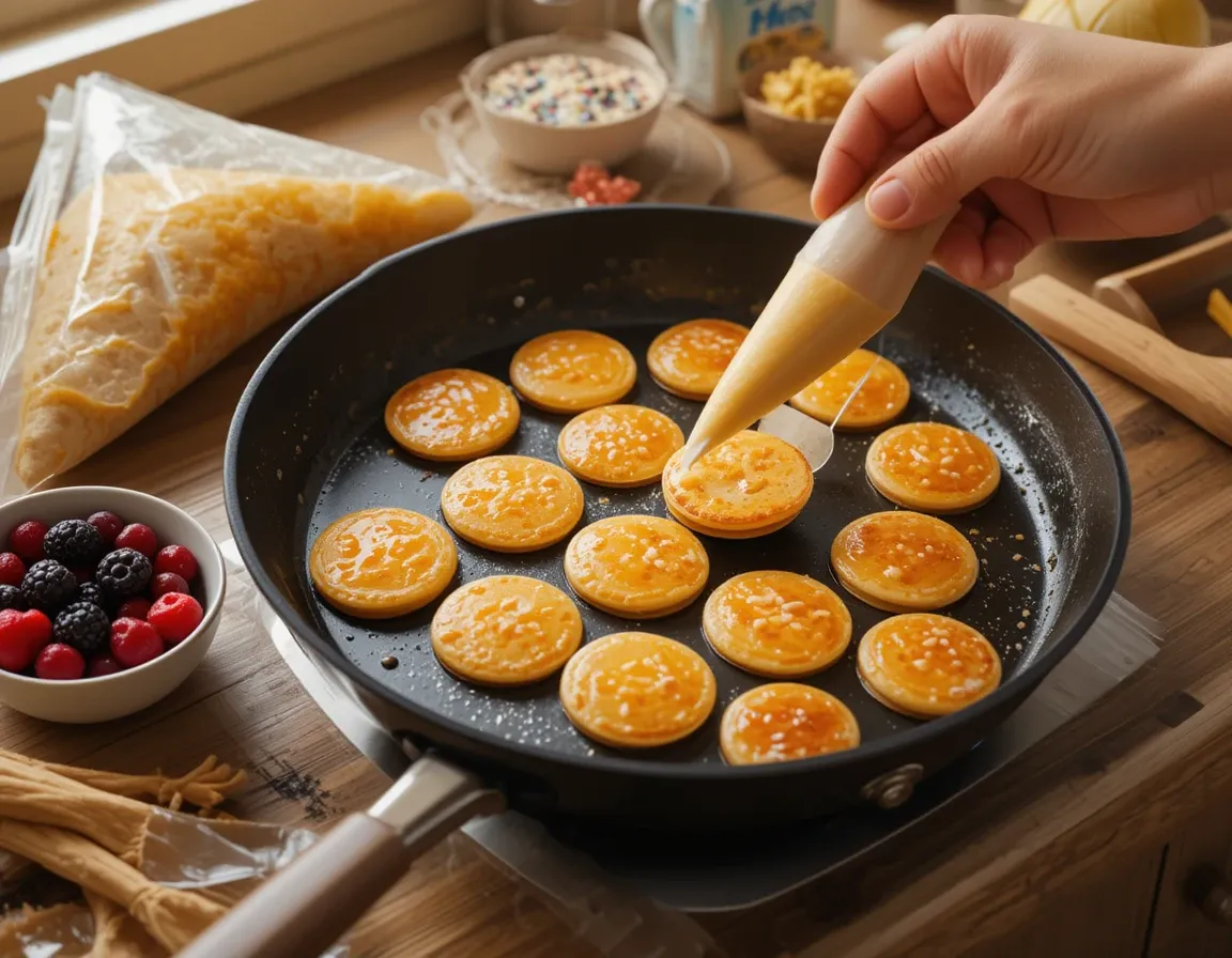 Tips for making perfect Mini Pancake Cereal with a piping bag, skillet, and fresh toppings.