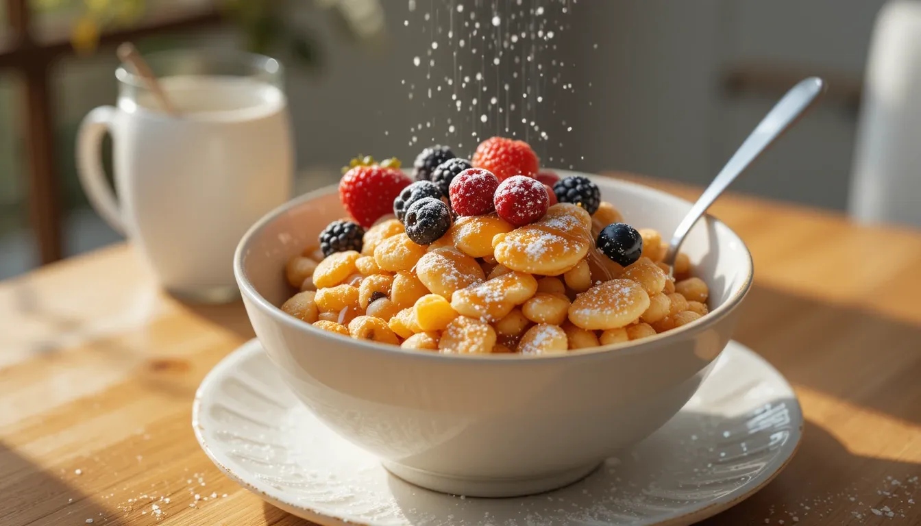 Final dish of Mini Pancake Cereal with syrup and berries served in a cozy breakfast setting.