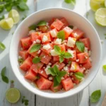 Watermelon Feta Salad with Mint in a white bowl on a wooden table with fresh ingredients and mint garnish.
