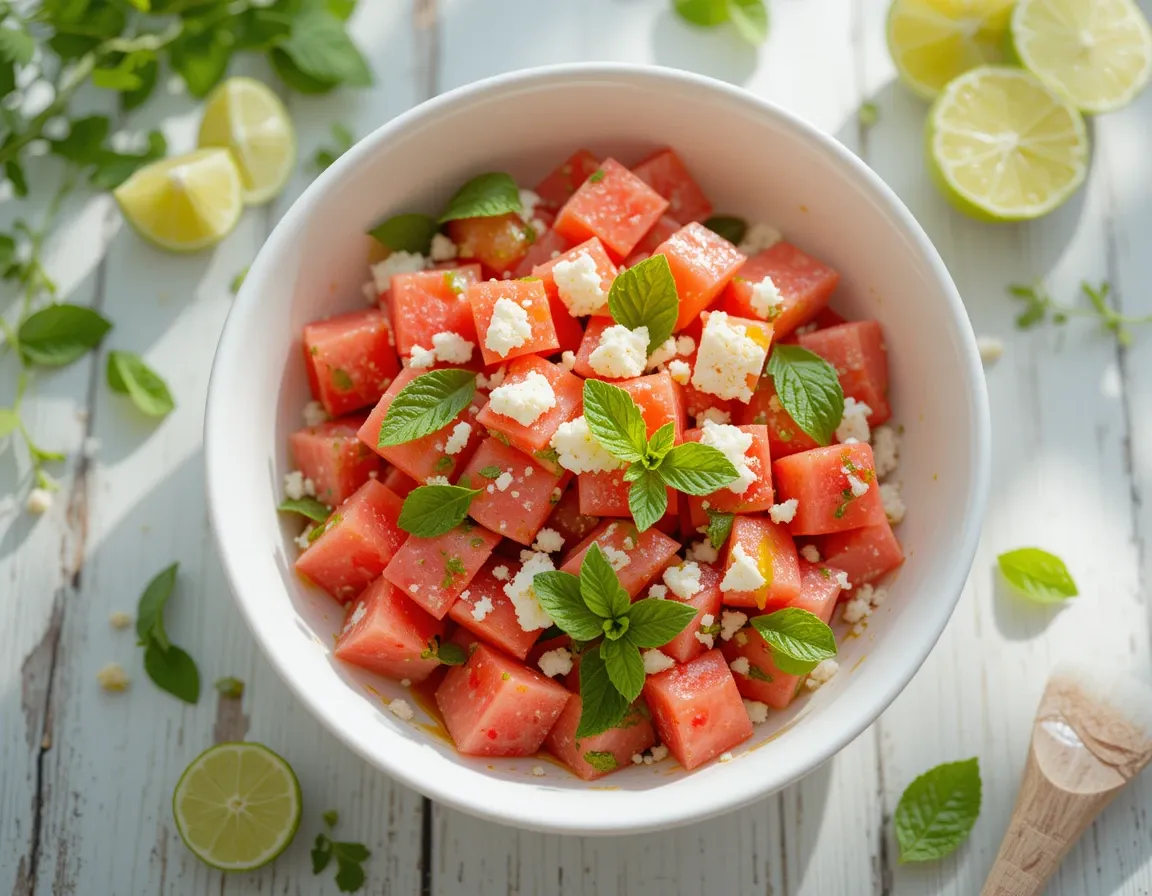 Watermelon Feta Salad with Mint in a white bowl on a wooden table with fresh ingredients and mint garnish.