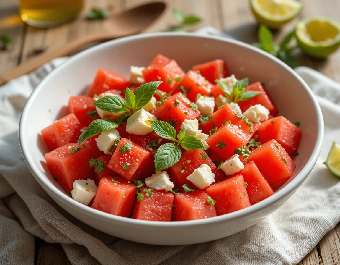 Watermelon Feta Salad with Mint in a magazine-style gourmet presentation.