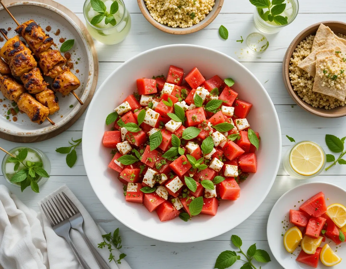 Watermelon Feta Salad with Mint served alongside summer dishes on a table.