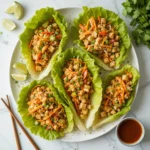 Crunchy Asian chicken and tofu lettuce cups on a platter with fresh veggies and sesame-ginger sauce.