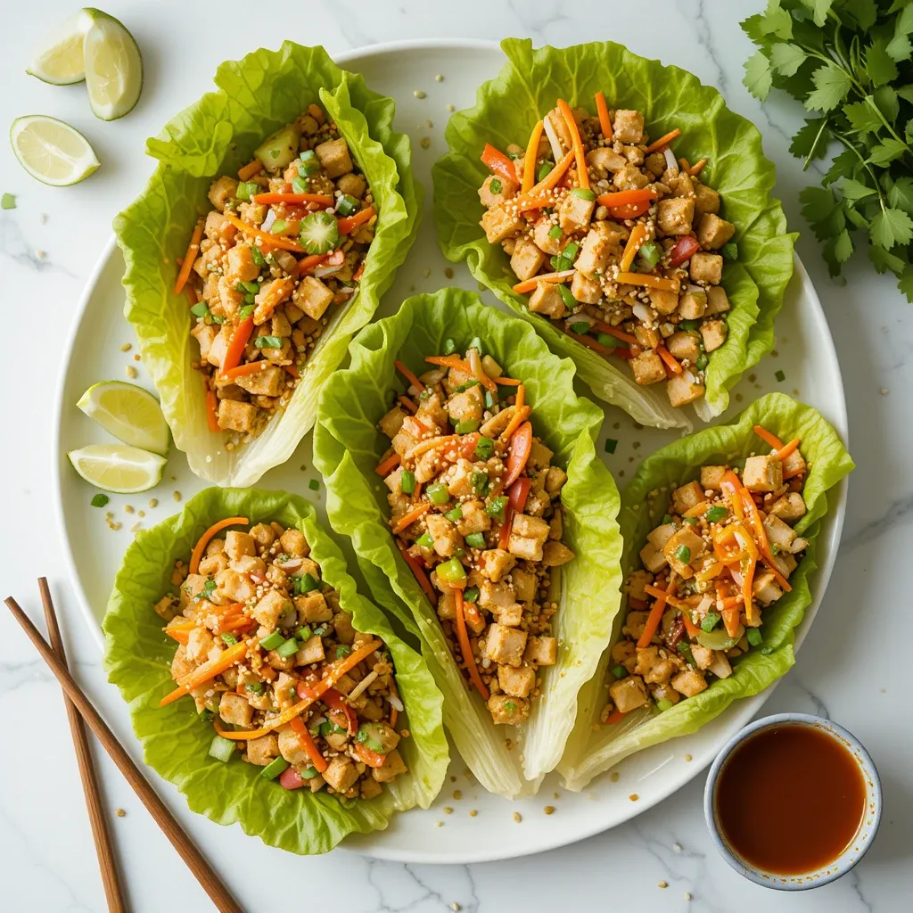 Crunchy Asian chicken and tofu lettuce cups on a platter with fresh veggies and sesame-ginger sauce.