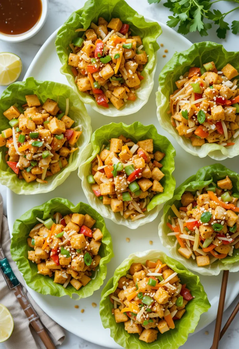 Fresh Crunchy Asian Lettuce Cups filled with chicken or tofu, crisp veggies, and sesame-ginger sauce on a white platter.