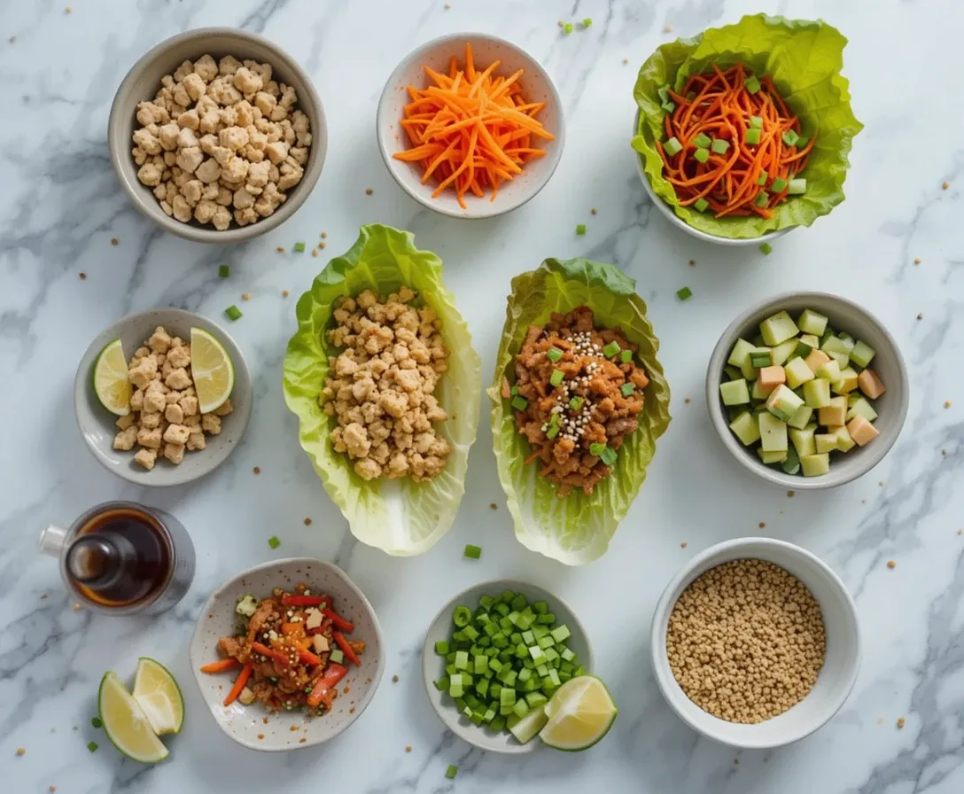 Fresh ingredients for Crunchy Asian Lettuce Cups including lettuce, chicken, tofu, colorful veggies, and sesame-ginger sauce on a marble surface.