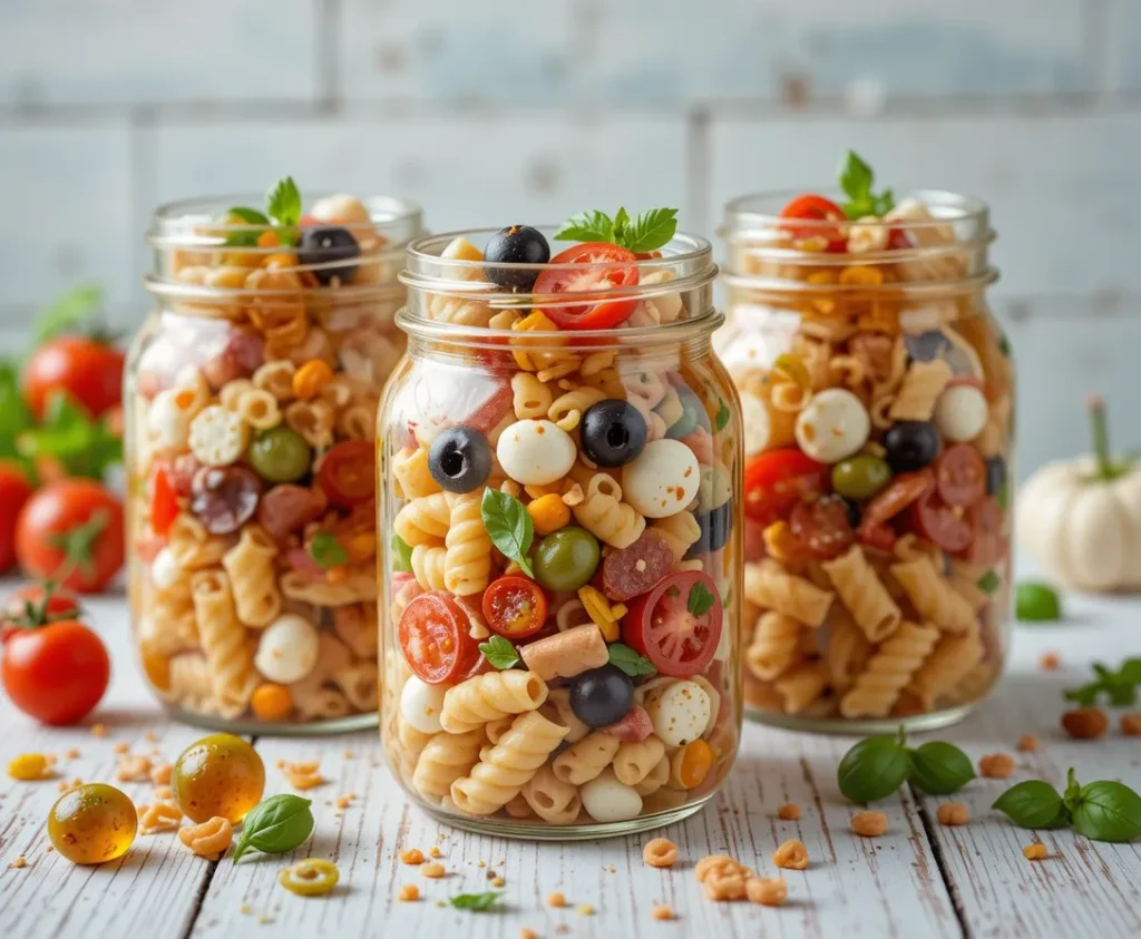 Pizza Pasta Salad Jars layered with pasta, cheese, pepperoni, and vegetables in glass jars.