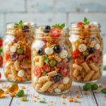 Pizza Pasta Salad Jars layered with pasta, cheese, pepperoni, and vegetables in glass jars.