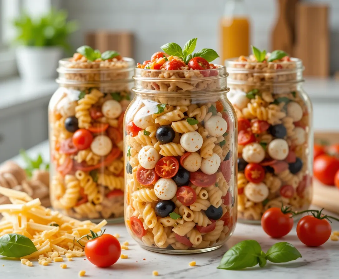 Open Pizza Pasta Salad Jars filled with pasta, cheese, pepperoni, and vegetables.
