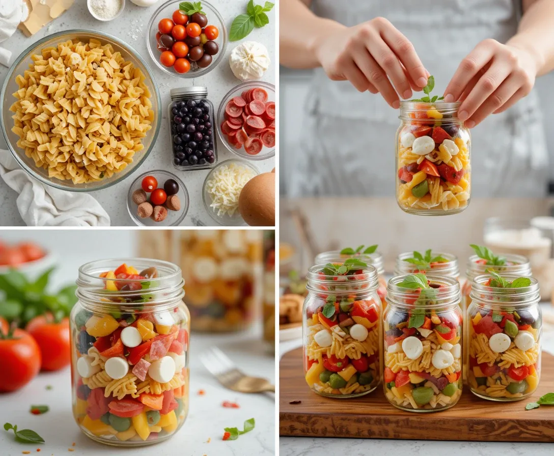 Step-by-step process of making Pizza Pasta Salad Jars with pasta, cheese, vegetables, and pepperoni.