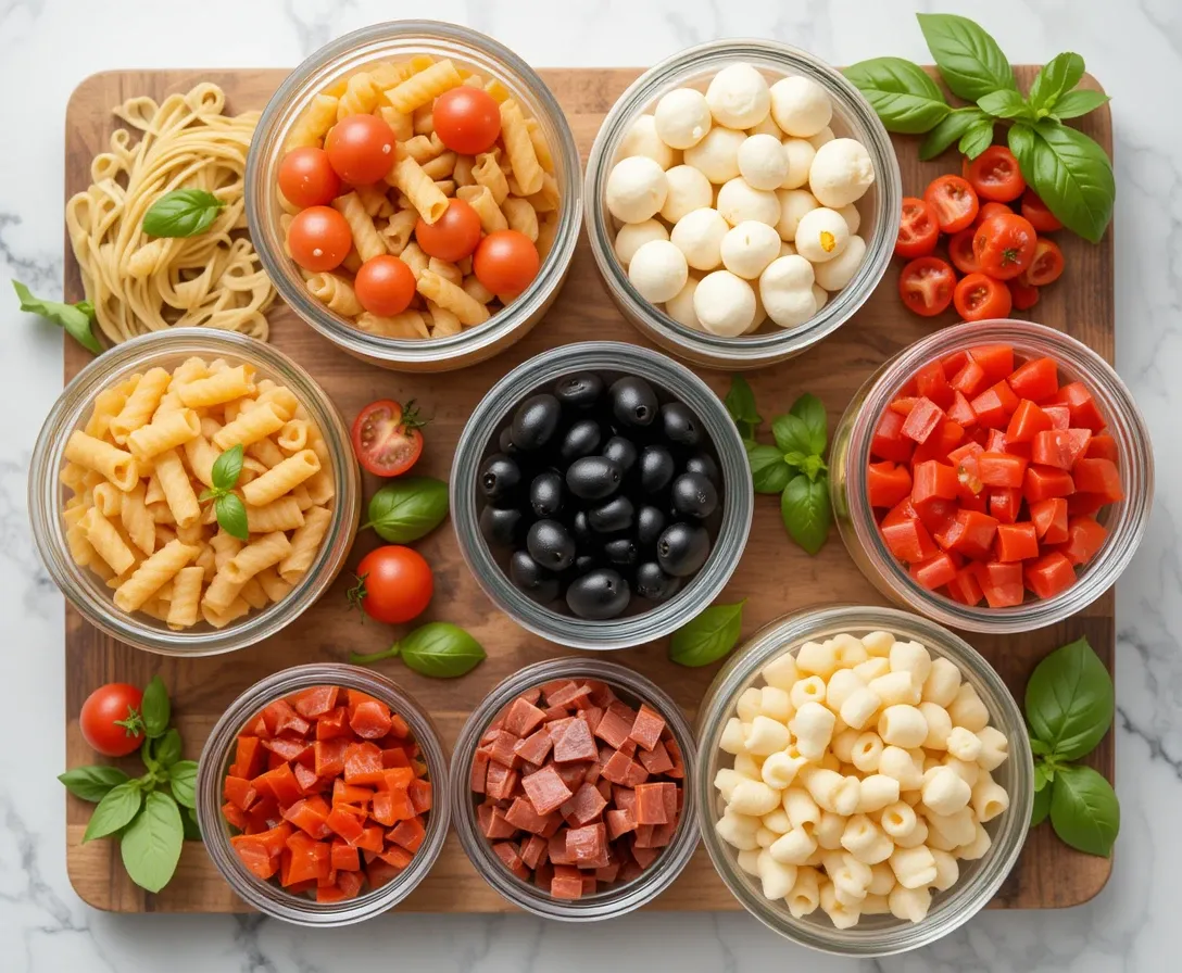 Key ingredients for Pizza Pasta Salad Jars: pasta, mozzarella, tomatoes, olives, pepperoni, bell peppers, and basil.