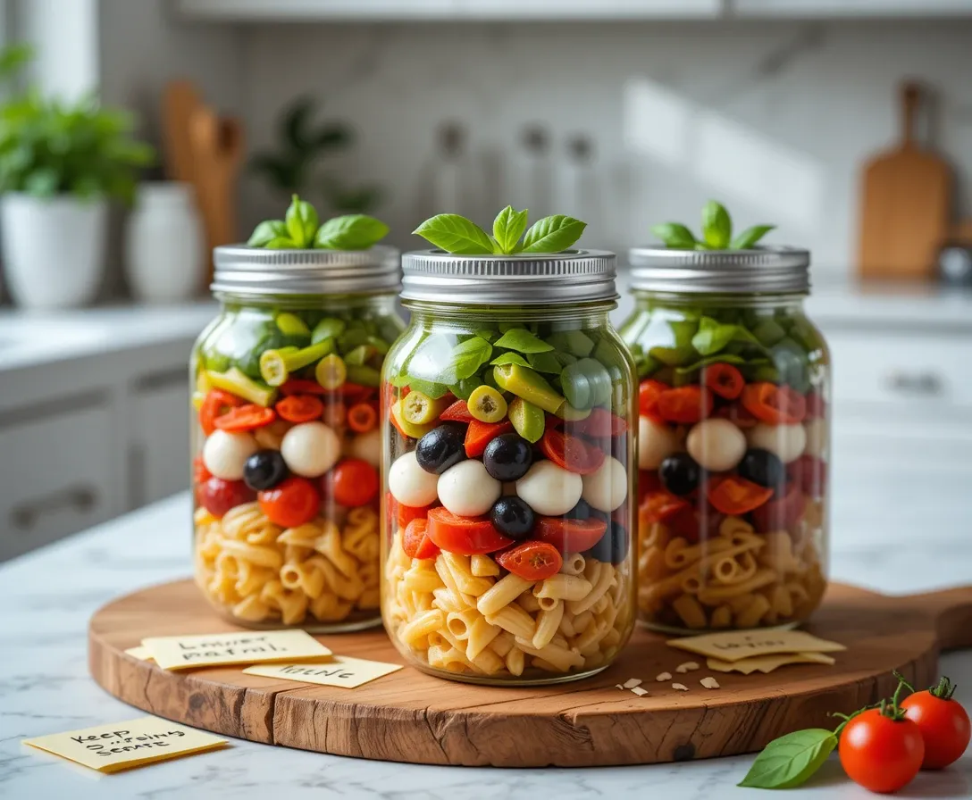 Perfectly layered Pizza Pasta Salad Jars with pasta, veggies, cheese, and pepperoni.
