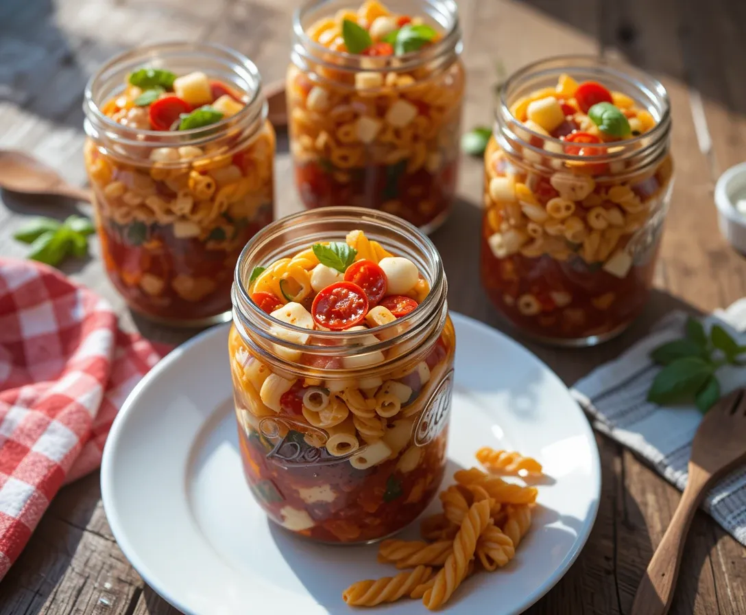 Overhead photo of four mason jars with layered Pizza Pasta Salad—pasta, pepperoni, olives, cheese, and herbs in vibrant colors. One jar is opened, showing the delicious mix