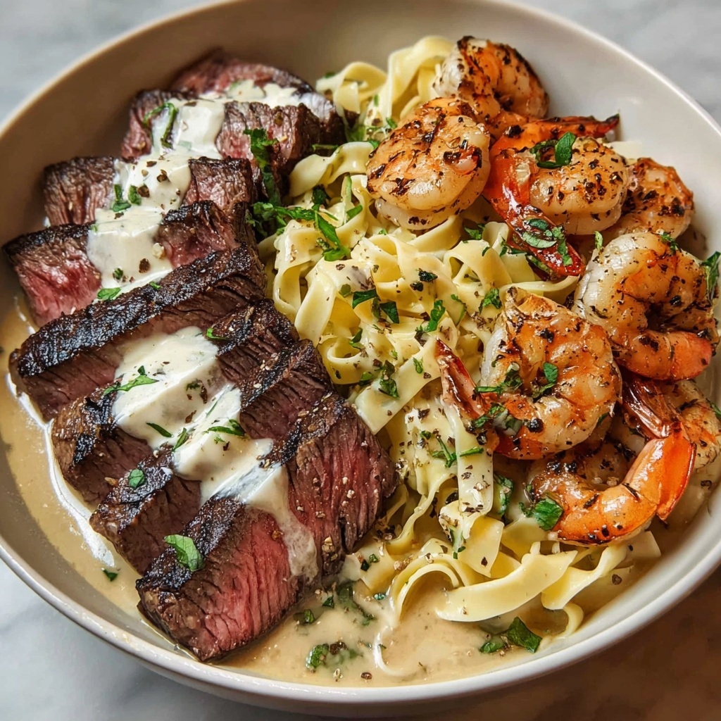 Blackened Steak and Shrimp Alfredo Recipe - Recipe Image