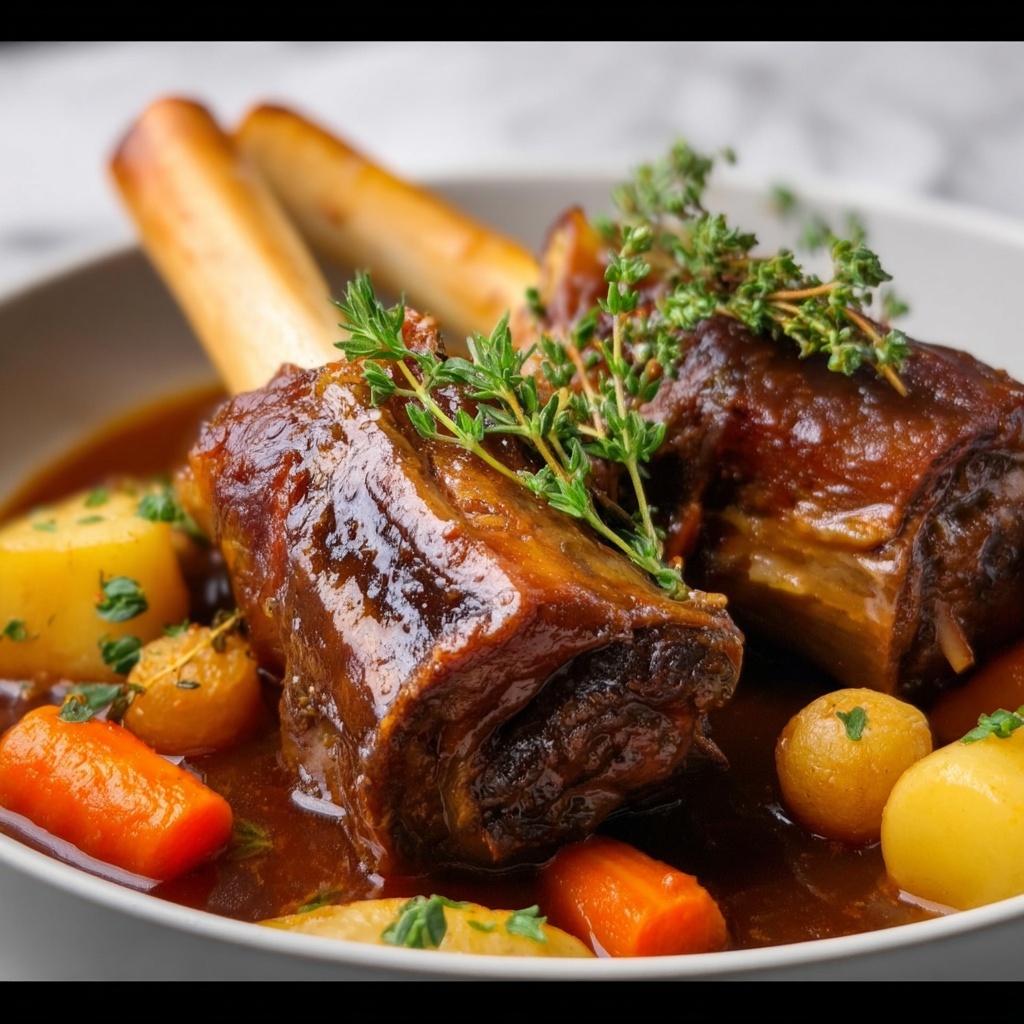 Braised Lamb Shanks with Pomegranate and Root Vegetables Recipe - Recipe Image