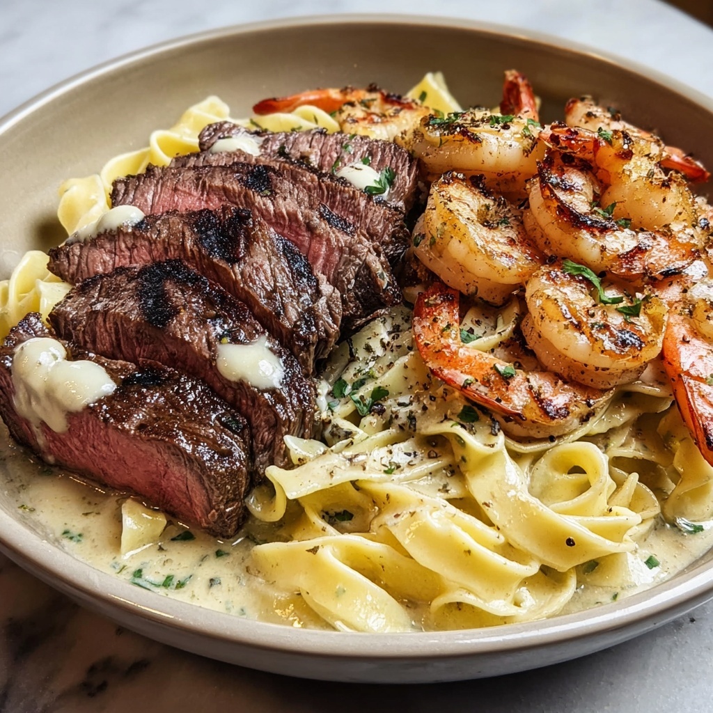Blackened Steak and Shrimp Alfredo Recipe - Recipe Image