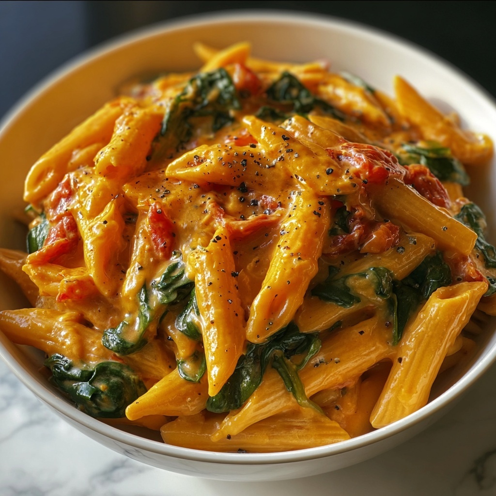 Penne Pasta with Spinach and Roasted Red Pepper Cream Sauce Recipe - Recipe Image