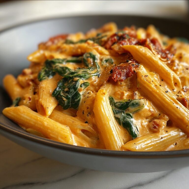Penne Pasta with Spinach and Roasted Red Pepper Cream Sauce Recipe