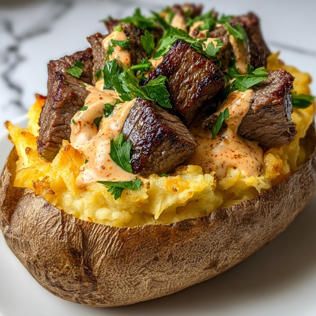 Loaded Baked Potato with Steak Bites and Parmesan Cream Sauce Recipe - Recipe Image