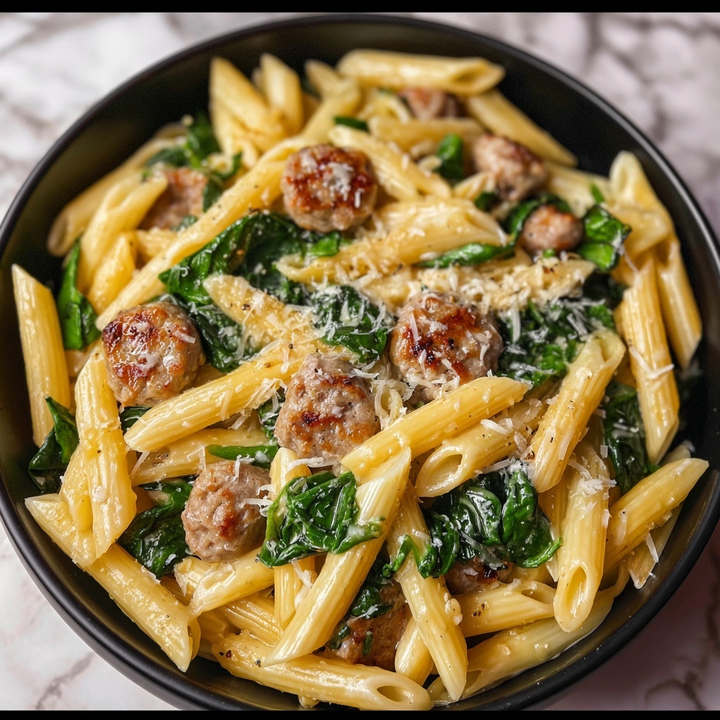One-Pan Creamy Penne with Spinach and Italian Sausage Recipe - Recipe Image