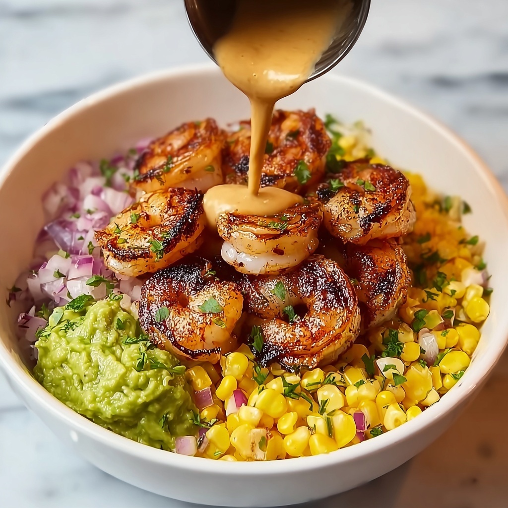 Grilled Shrimp Bowl with Avocado, Corn Salsa & Creamy Sauce Recipe - Recipe Image