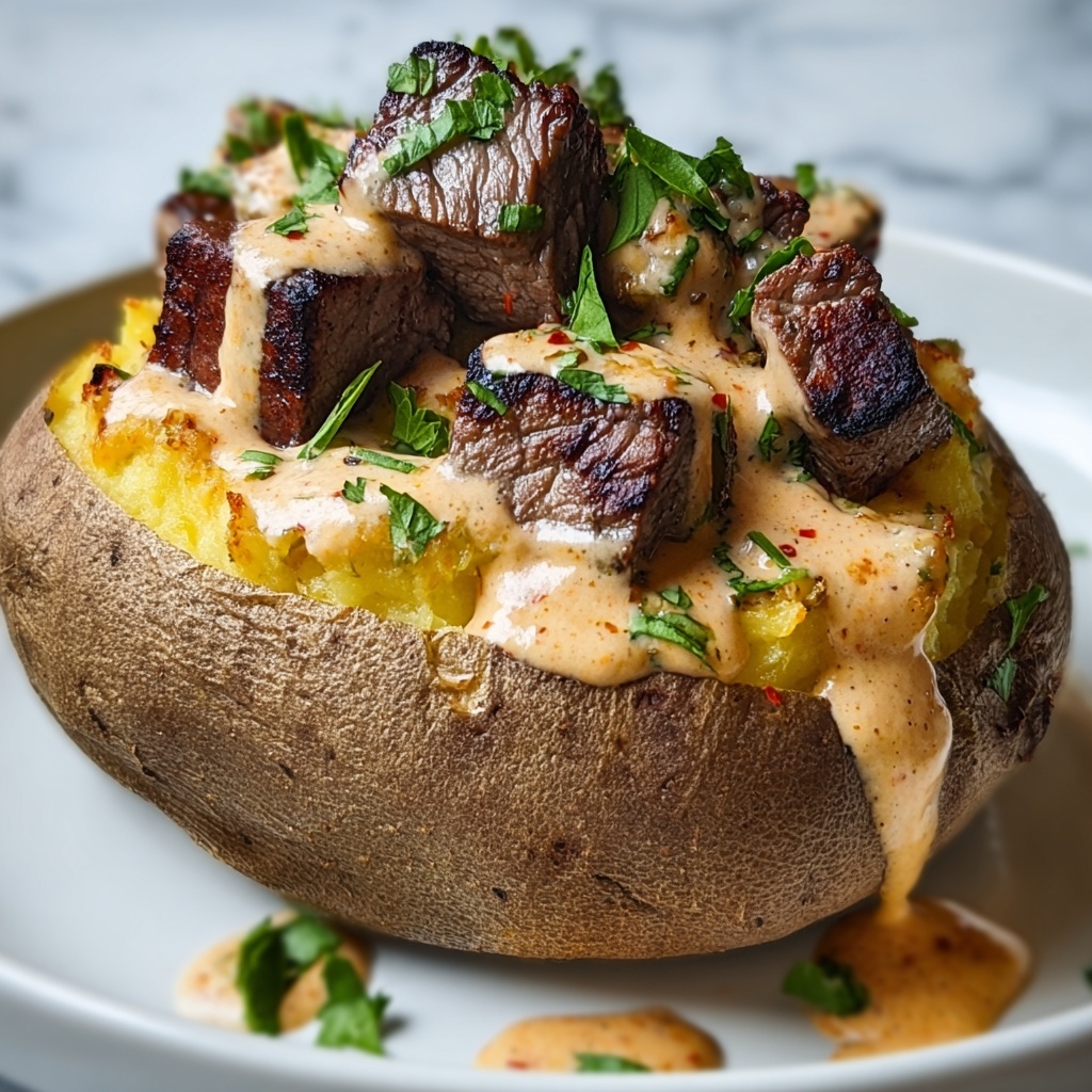 Loaded Baked Potato with Steak Bites and Parmesan Cream Sauce Recipe - Recipe Image
