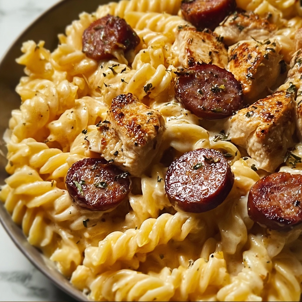 One-Pot Smoky Cheddar Ranch Chicken and Sausage Pasta Recipe - Recipe Image