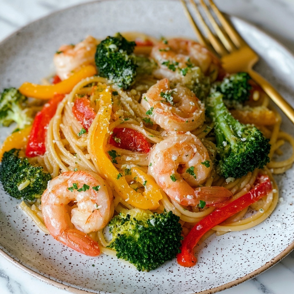 Spicy Shrimp Pasta with Broccoli and Bell Peppers Recipe - Recipe Image