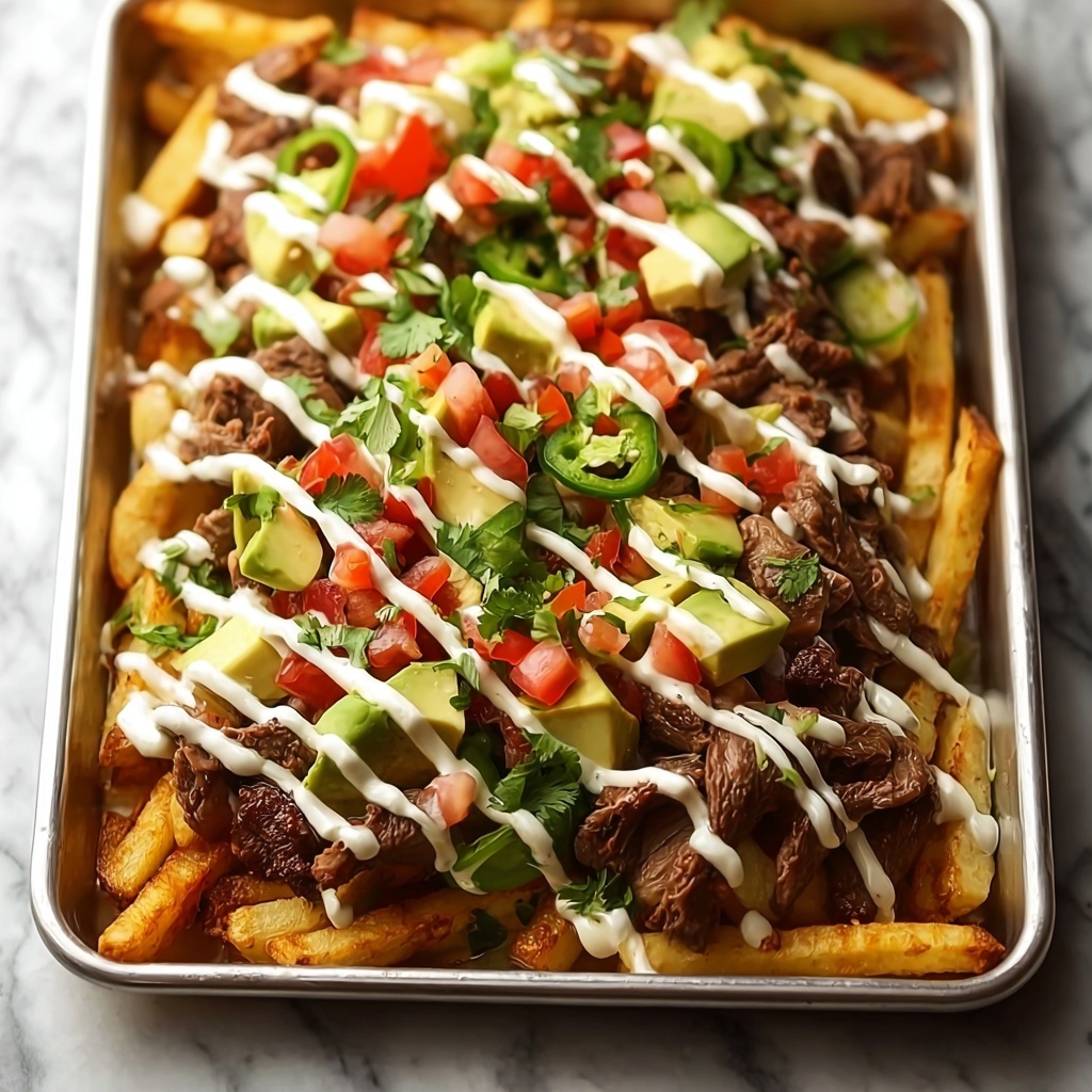Carne Asada Fries with Cheddar Cheese Sauce and Fresh Toppings Recipe - Recipe Image