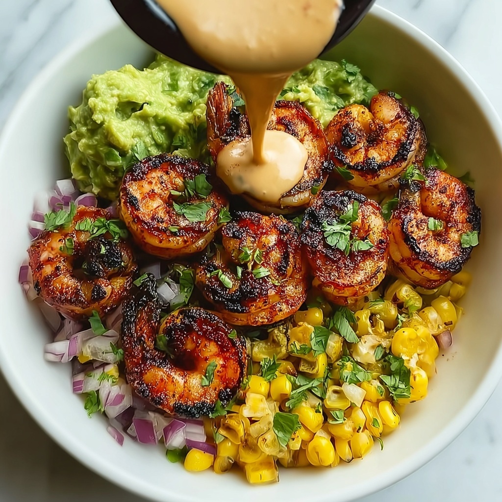 Grilled Shrimp Bowl with Avocado, Corn Salsa & Creamy Sauce Recipe - Recipe Image