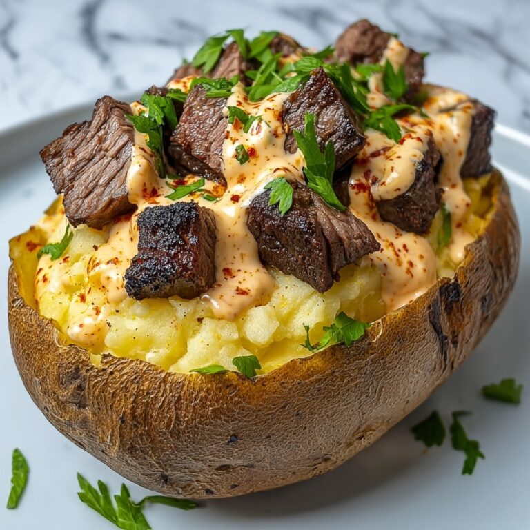 Loaded Baked Potato with Steak Bites and Parmesan Cream Sauce Recipe
