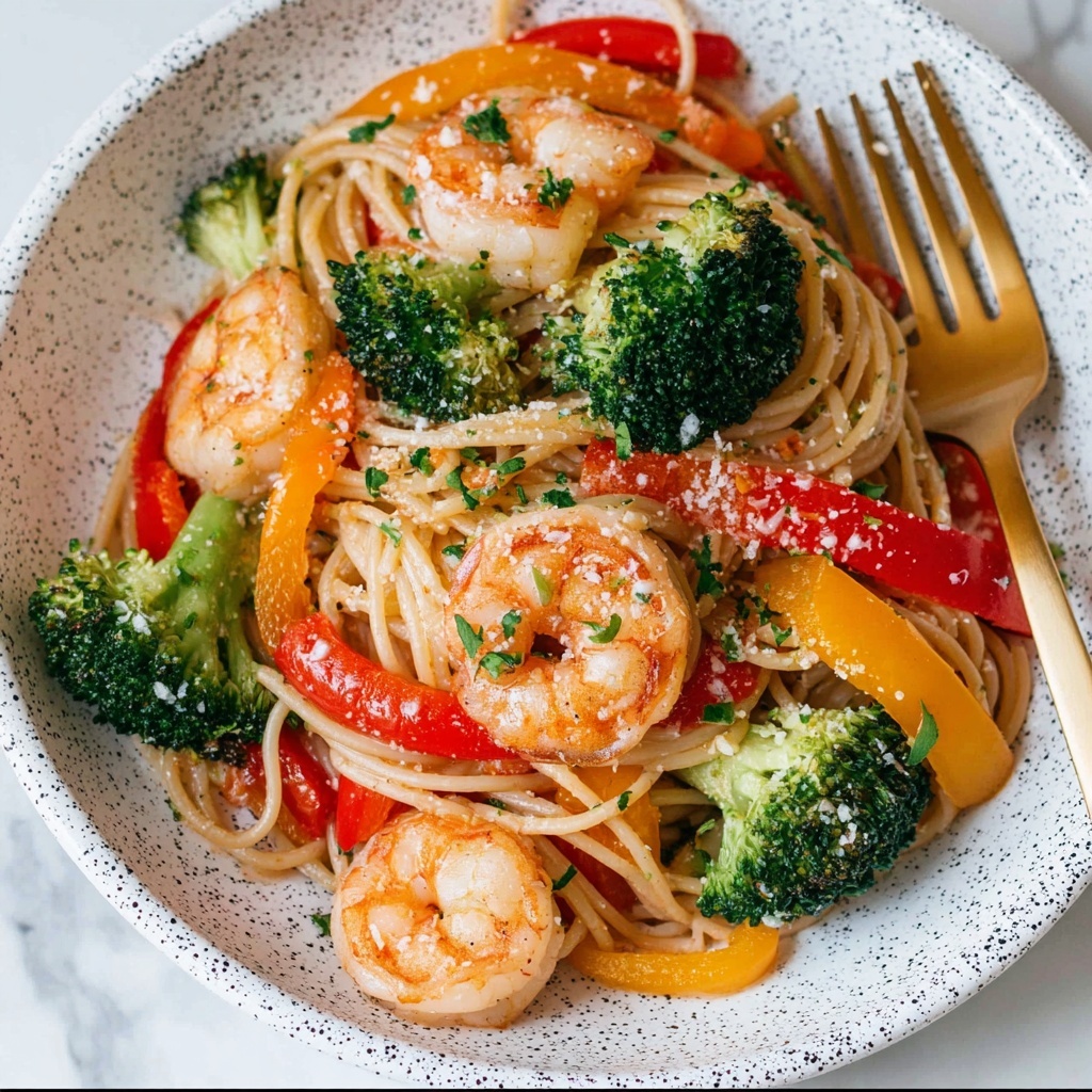 Spicy Shrimp Pasta with Broccoli and Bell Peppers Recipe - Recipe Image